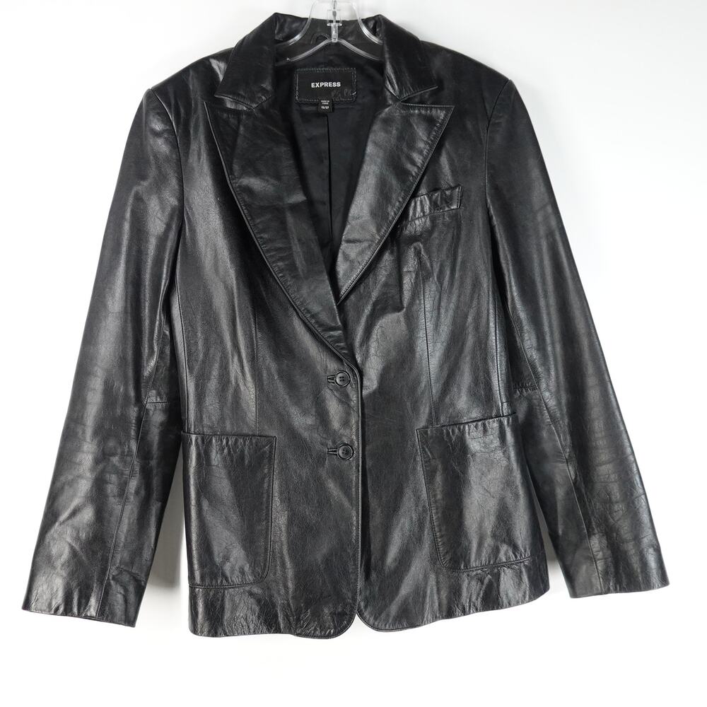 Express Vtg Women's Jacket 11/12 Black Genuine Leather Button Coat Blazer 90s
